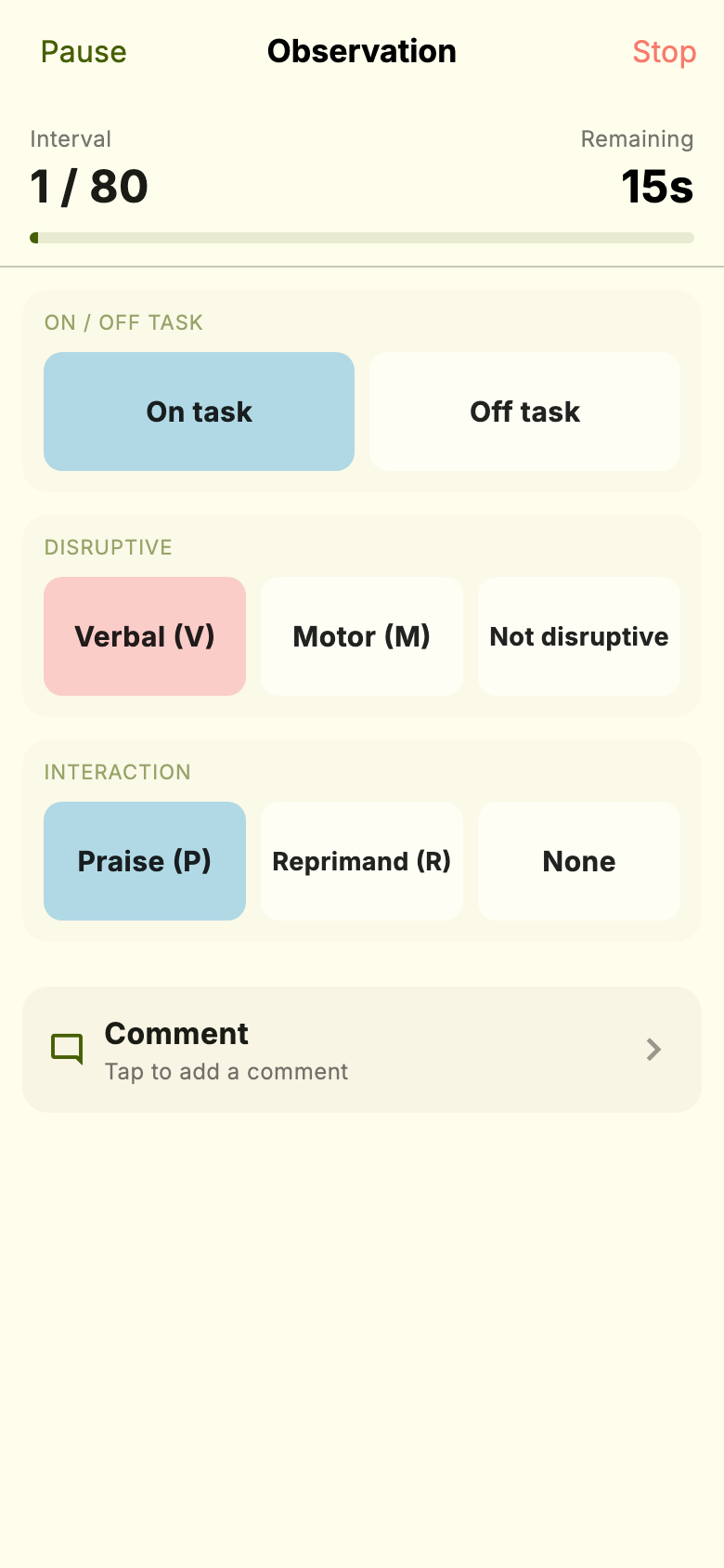 The observation screen in FOCUS with buttons for on/off task, disruptive behaviour and interaction.